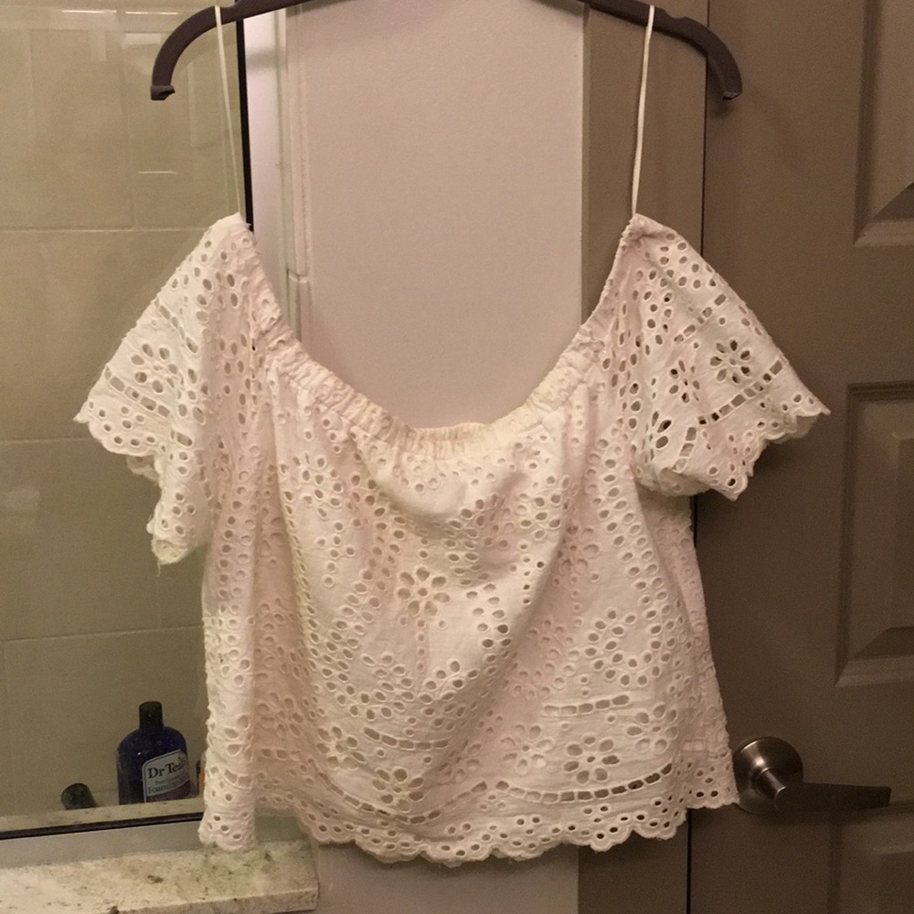 White eyelet off the shoulder top